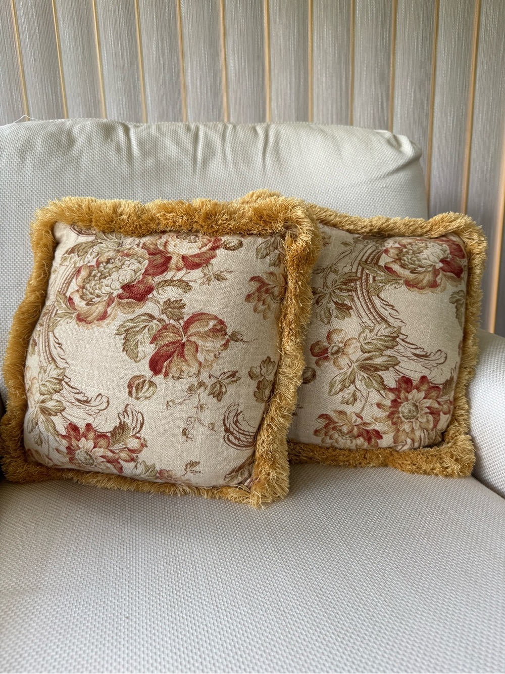 Custom Floral Toss Pillows with Gold Fringe - Set of 2